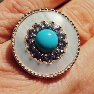 Sleeping Beauty Turquoise with a Halo of Tanzanite and Mother of Pearl Ring